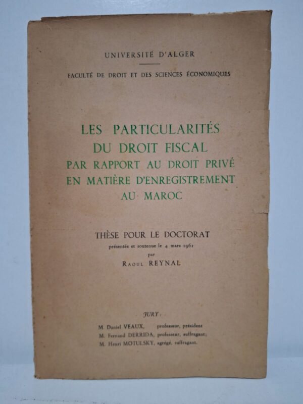 Cette thèse analyse les différences fondamentales entre le droit fiscal et le droit privé dans le domaine de l’enregistrement des actes au Maroc. L’auteur étudie les règles juridiques, les mécanismes fiscaux et les conséquences pratiques de leur application. L’ouvrage met en évidence l’autonomie du droit fiscal et son influence sur les relations juridiques et patrimoniales. Il constitue une source précieuse pour les chercheurs, juristes et historiens intéressés par l’évolution du système fiscal marocain au milieu du XXᵉ siècle.